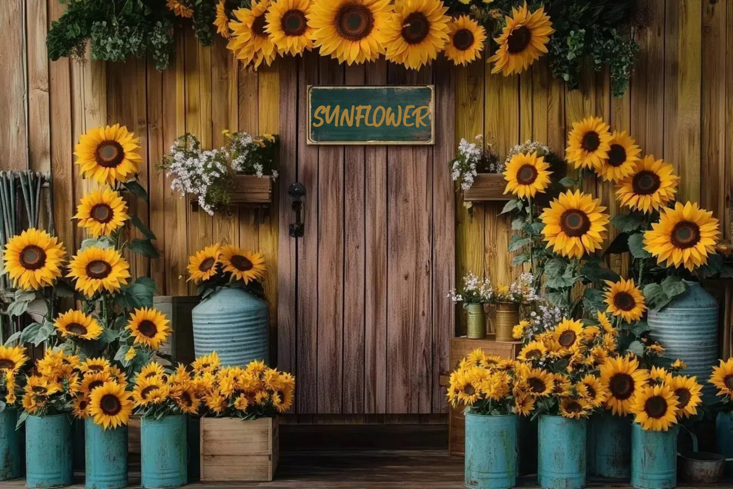 Sunflower Backdrops Wooden Wall Rustic Bloom Summer Backdrop UK GTY3-410