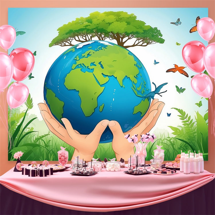 Happy Earth Day Backdrop Hands Protecting Earth Greenery Backdrop UK GTY3-49
