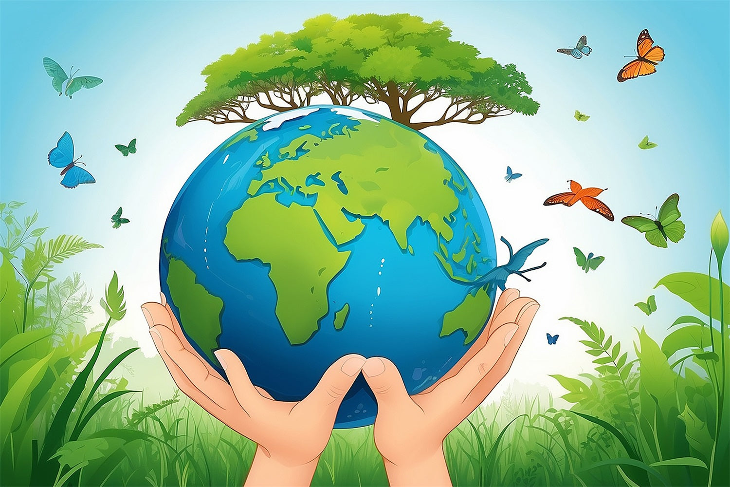 Happy Earth Day Backdrop Hands Protecting Earth Greenery Backdrop UK GTY3-49