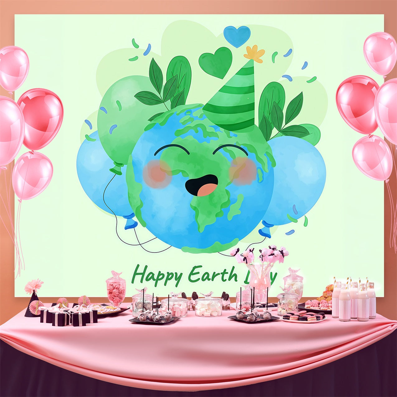 Happy Earth Day Backdrop Smiling Planet Party Hat Celebration Backdrop UK GTY3-67