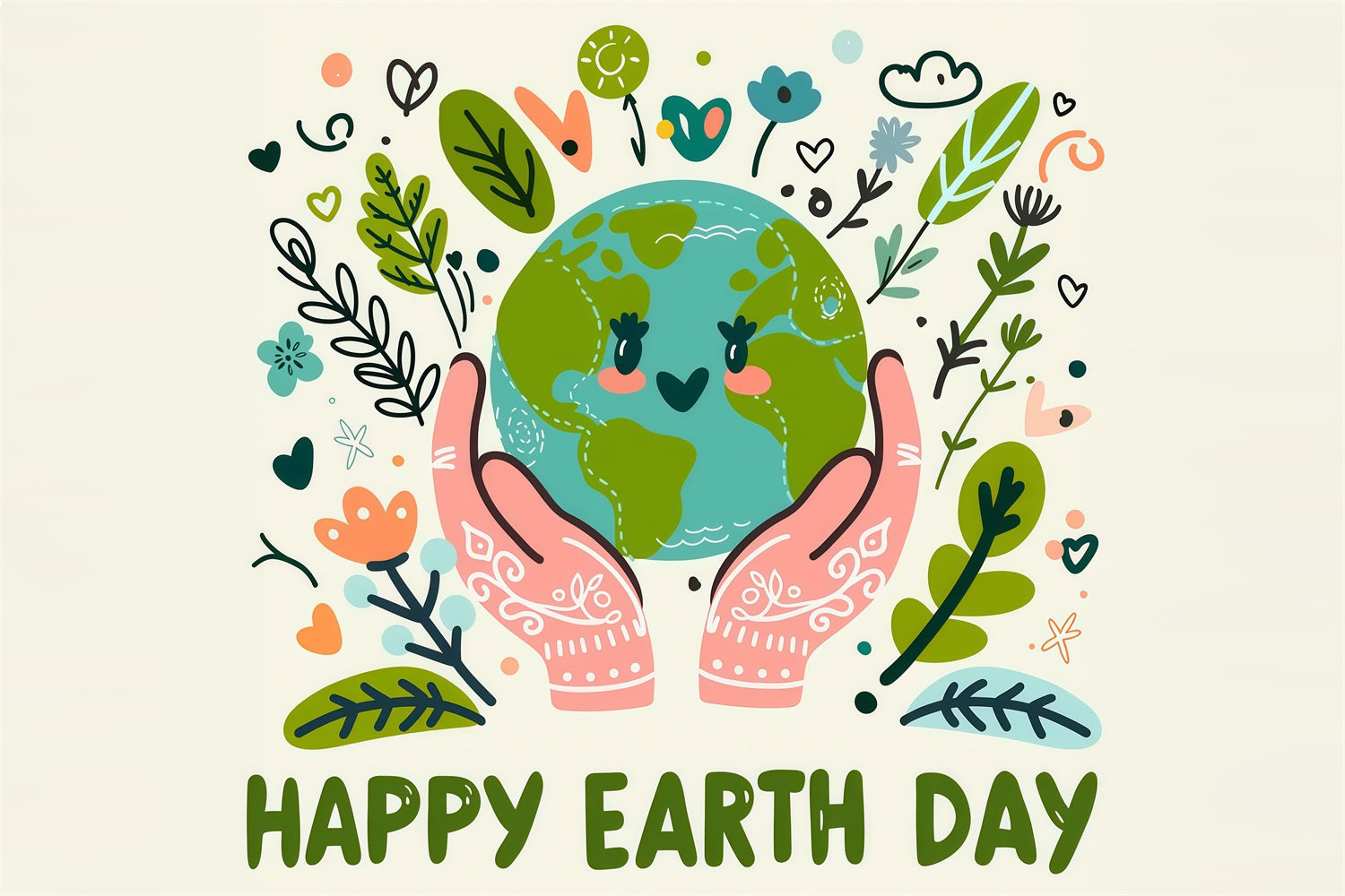 Happy Earth Day Backdrop Floral Love Hand Drawn Backdrop UK GTY3-68