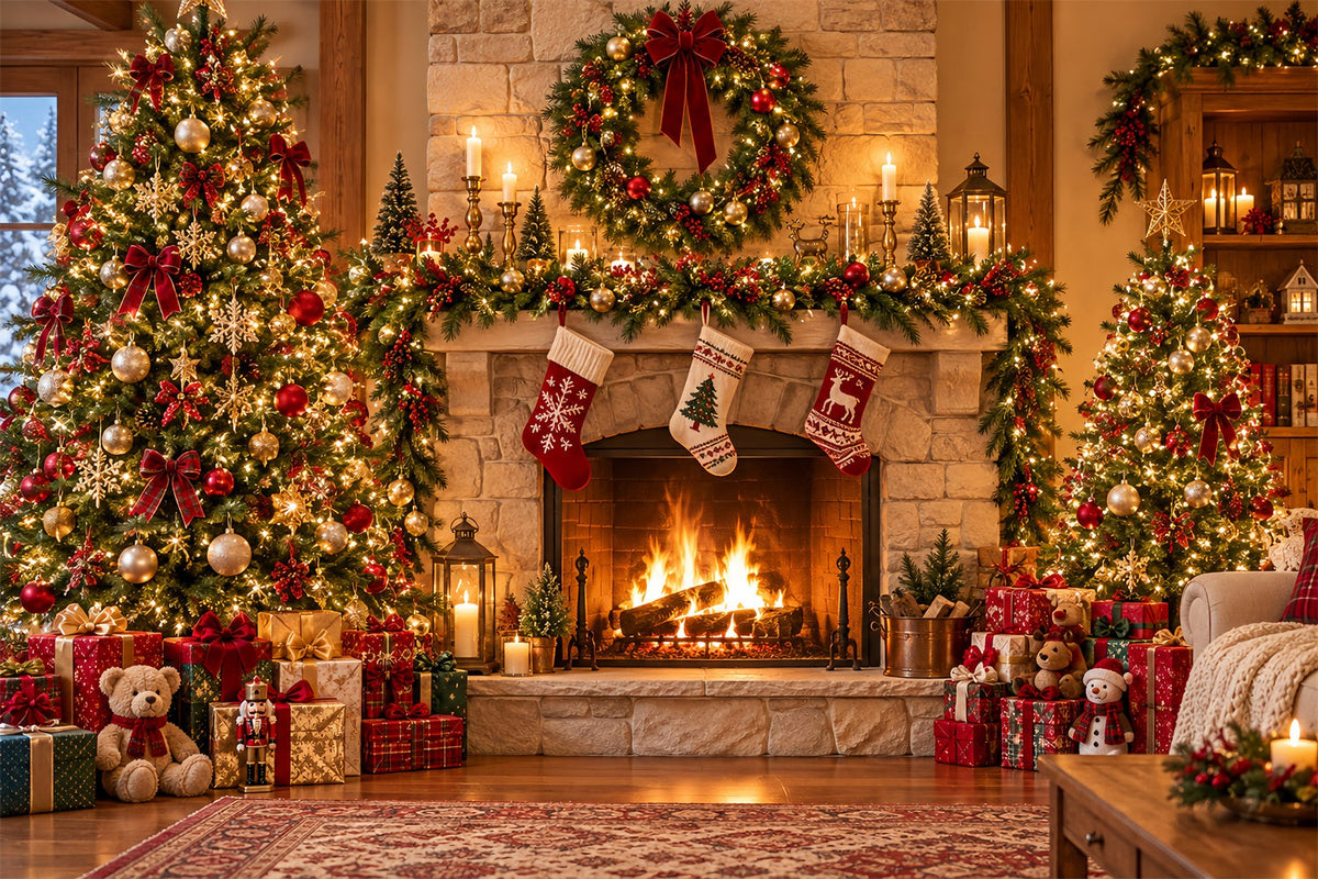 Santa Photo Backdrop Rustic Fireplace Stocking Mantel Christmas Village Backdrop Ideas UK HQ610-153