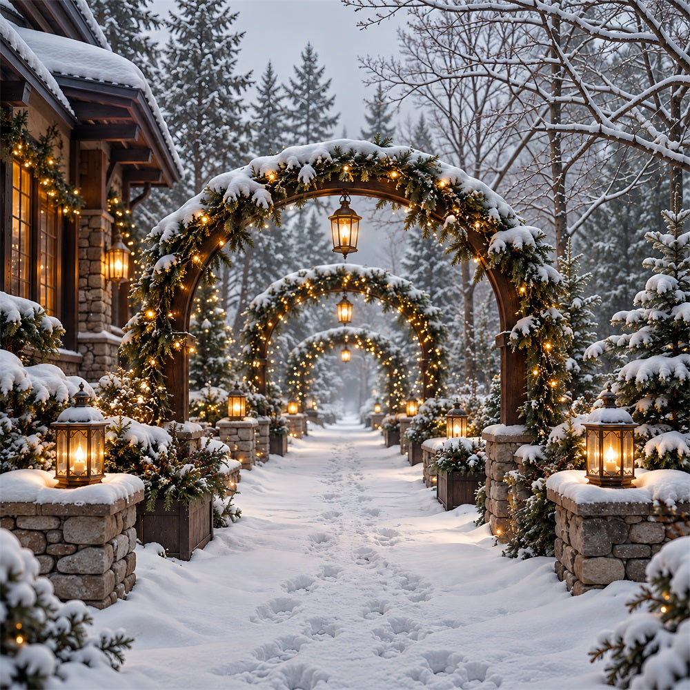 Christmas Arch Backdrop Snowy Stone Lantern Archway Xmas Photo Backdrops UK HQ610-154