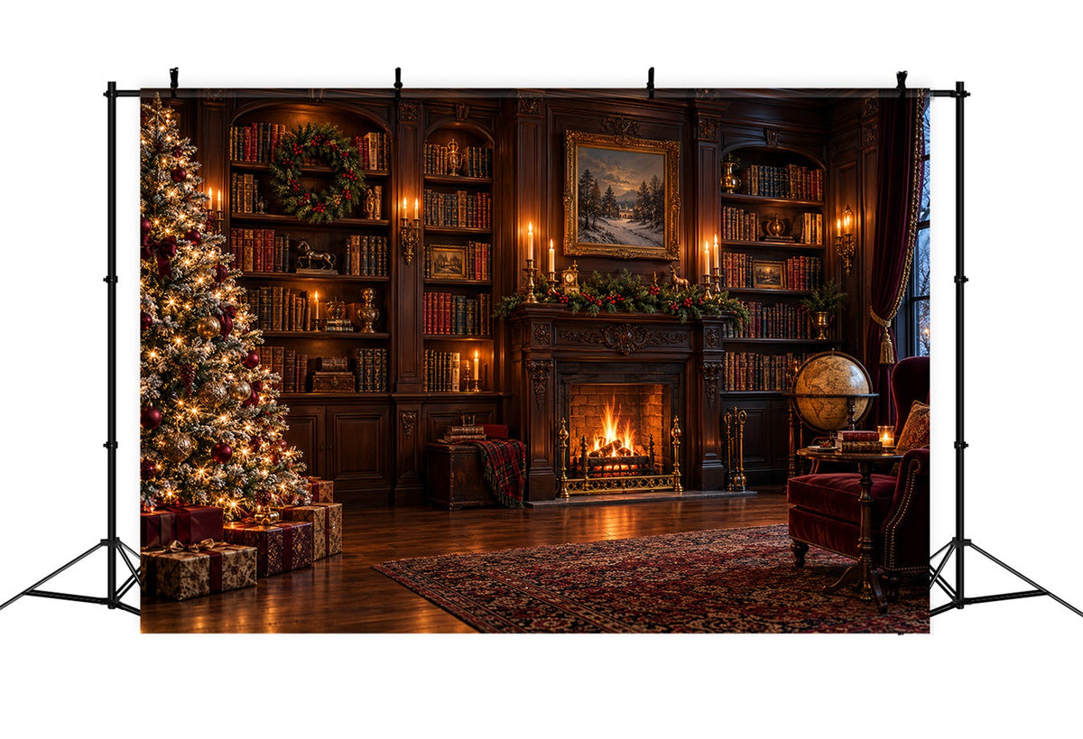Victorian Christmas Backdrops Vintage Fireplace Library Christmas Holiday Backdrops UK HQ610-158