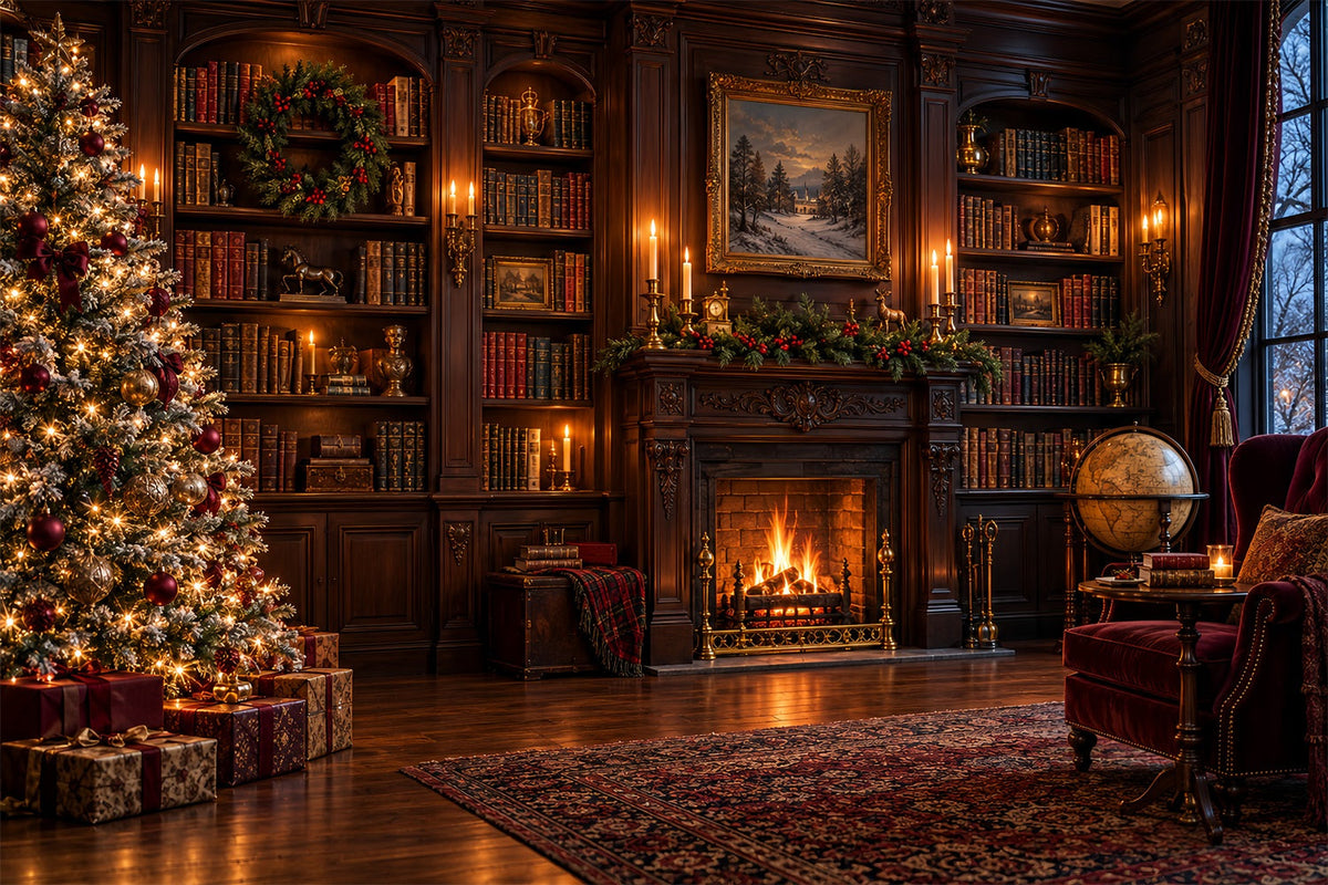 Victorian Christmas Backdrops Vintage Fireplace Library Christmas Holiday Backdrops UK HQ610-158