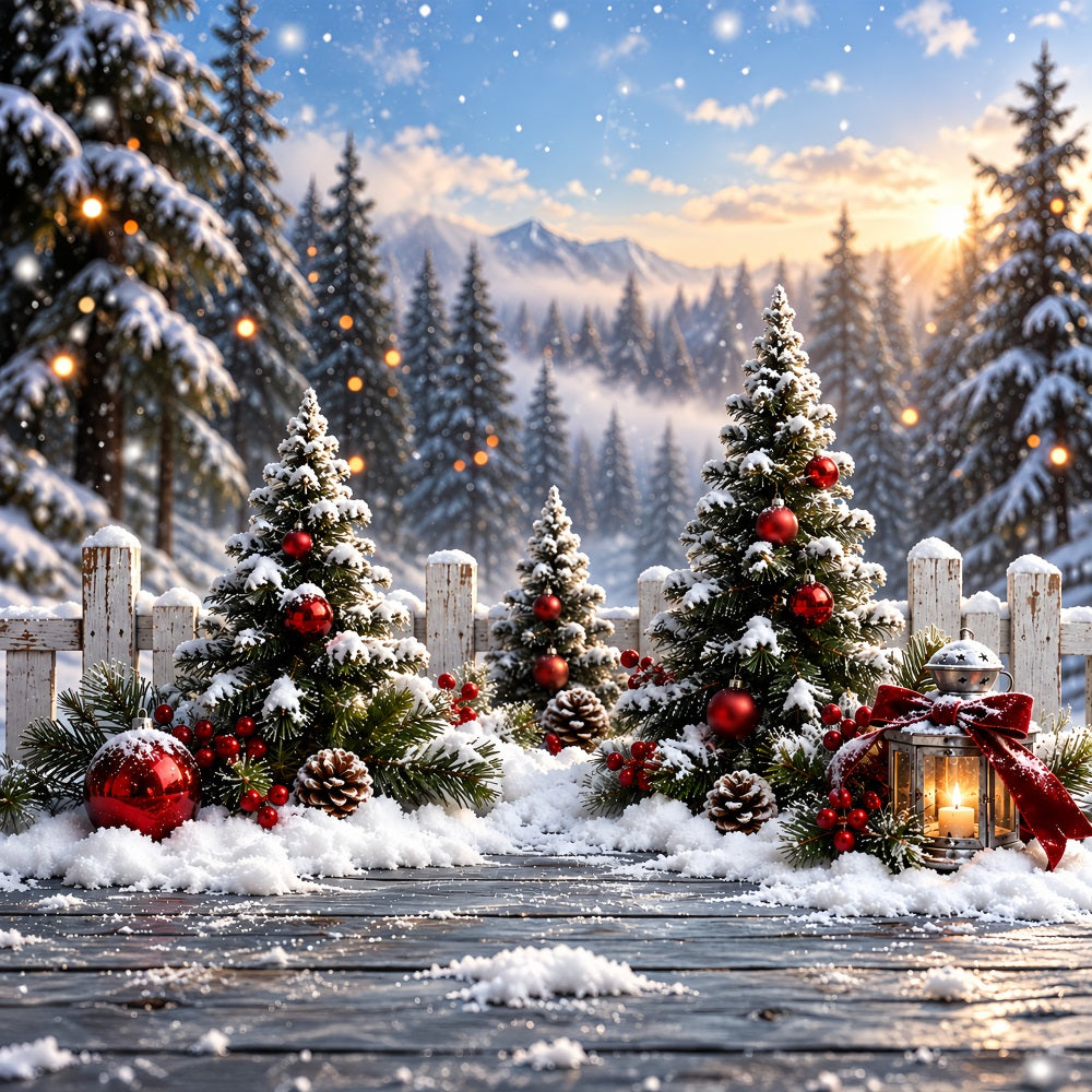 Christmas Tree Forest Backdrop Snowy Red Ornament Fence Xmas Backdrop for Photos UK HQ610-159