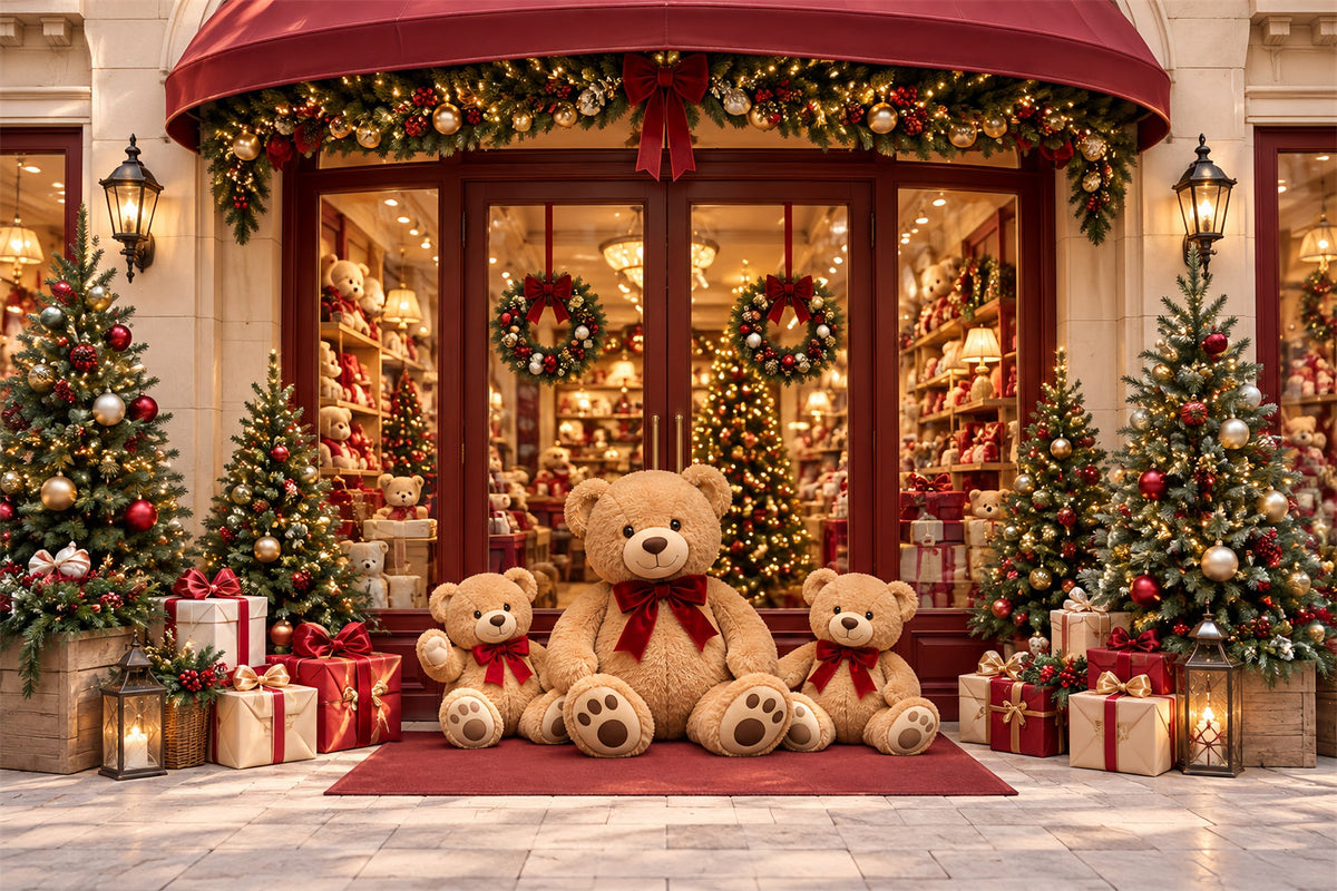 Christmas Store Backdrop Festive Teddy Bear Storefront Christmas Party Backdrops UK HQ610-161