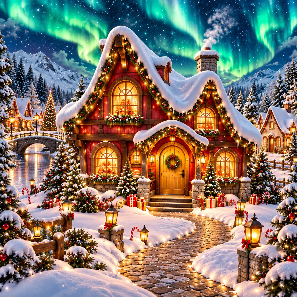 Christmas Elf Backdrop Glowing Aurora Snowy Cottage Christmas Photos Backdrop UK HQ610-162