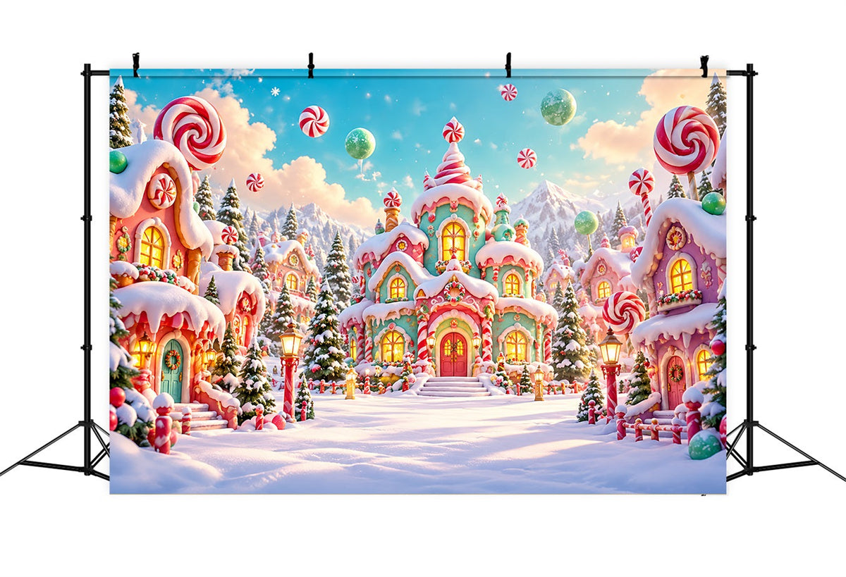Candyland Christmas Backdrop Pastel Candy Cottage Village Photography Christmas Backdrop UK HQ610-166