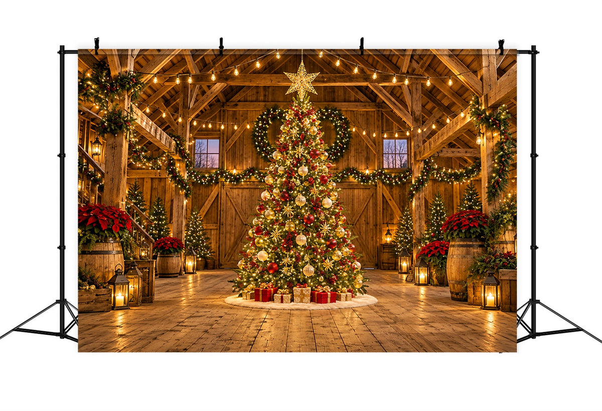 Christmas Lights Photo Backdrop Rustic Barn Golden Tree Christmas Backdrop Pictures UK HQ610-169