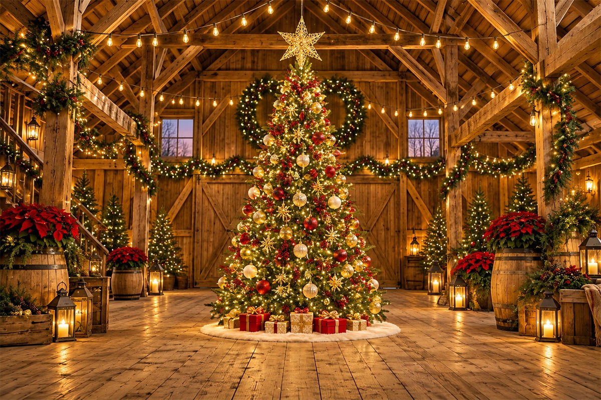Christmas Lights Photo Backdrop Rustic Barn Golden Tree Christmas Backdrop Pictures UK HQ610-169