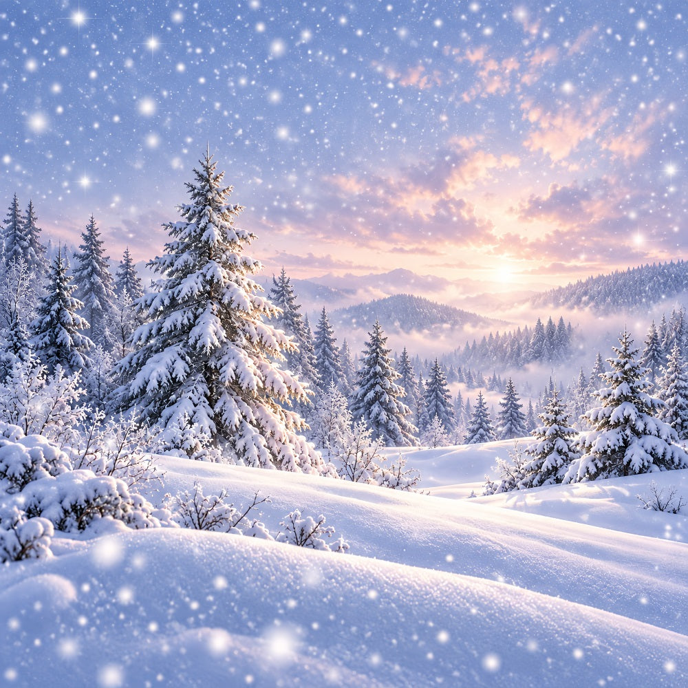 Christmas Tree Backdrops Snowy Pines Forest Sunset Christmas Photoshoot Backdrops UK HQ610-171