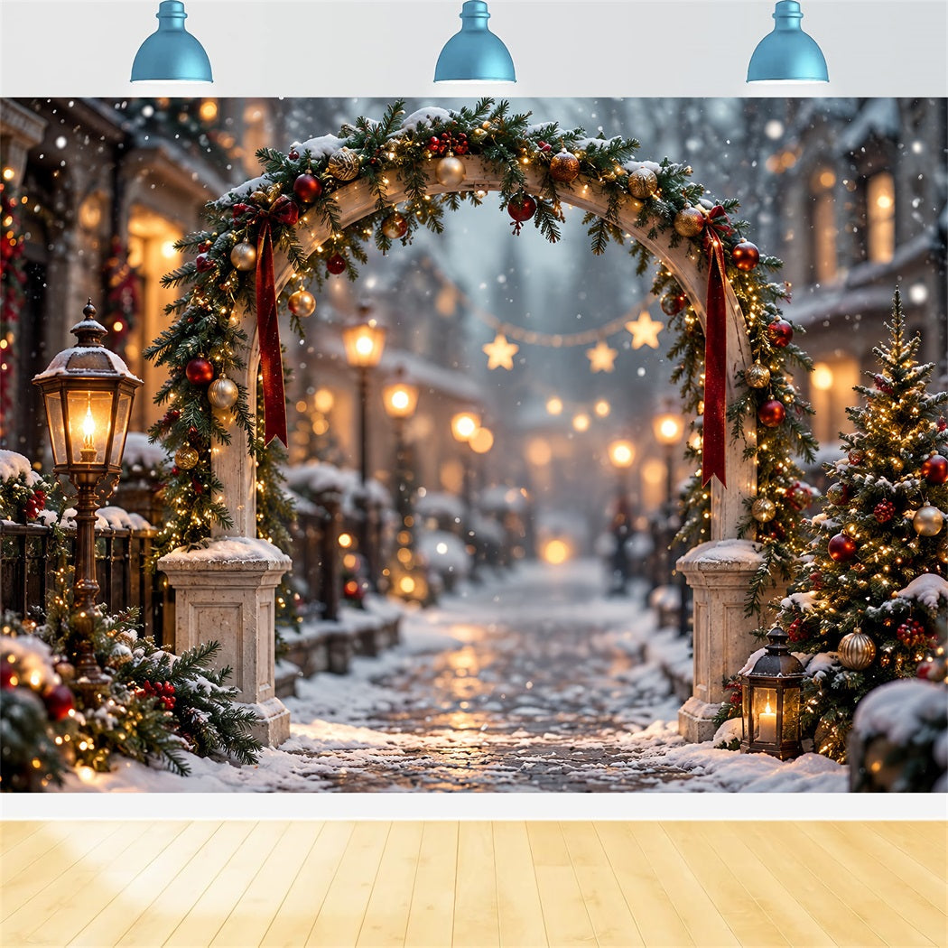 Christmas Lights Photo Backdrop Snowy Evergreen Lantern Arch Christmas Photo Wall Backdrop UK HQ610-175