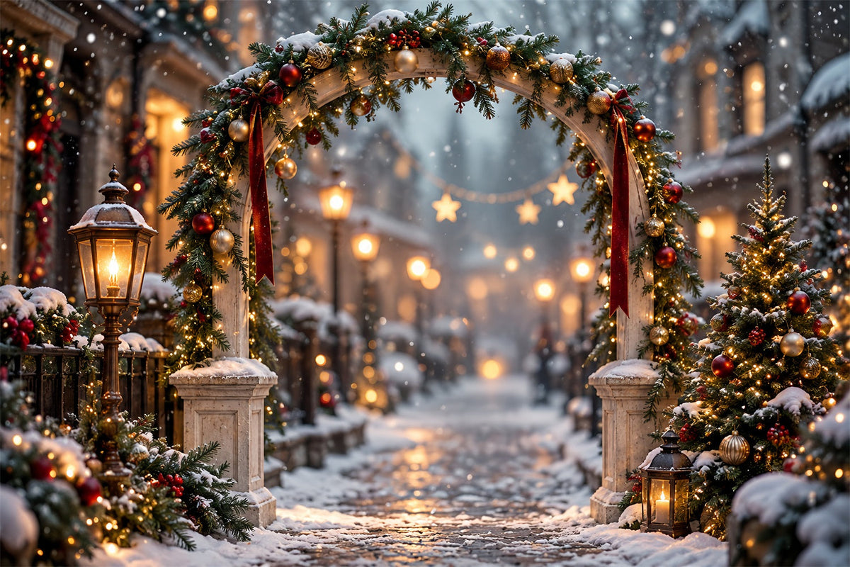 Christmas Lights Photo Backdrop Snowy Evergreen Lantern Arch Christmas Photo Wall Backdrop UK HQ610-175