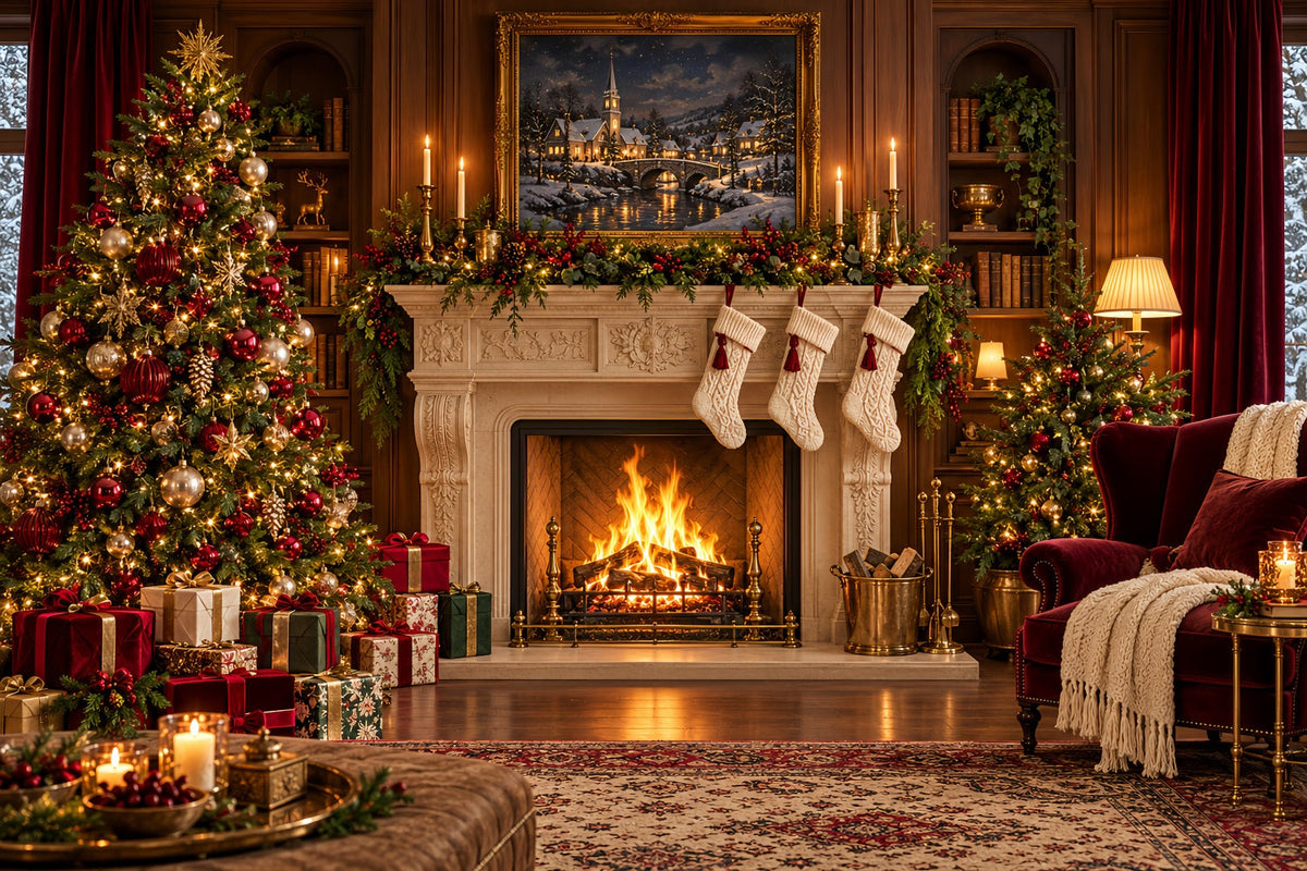 Santa Photo Backdrop Classic Fireplace Stockings Display Christmas Backdrops for Sale UK HQ610-179