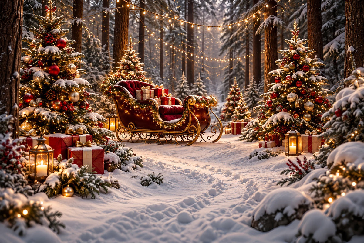 Christmas Tree Backdrops Festive Sleigh Forest Lanterns Christmas Backdrop for Stage UK HQ610-181