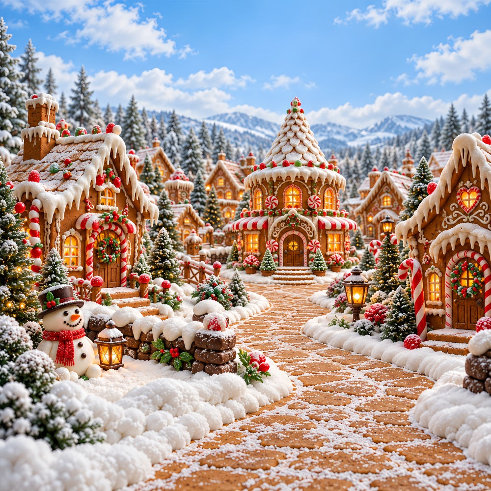 Christmas Gingerbread Backdrop Snowy Candy Cottage Village Christmas Backdrop Picture UK HQ610-185