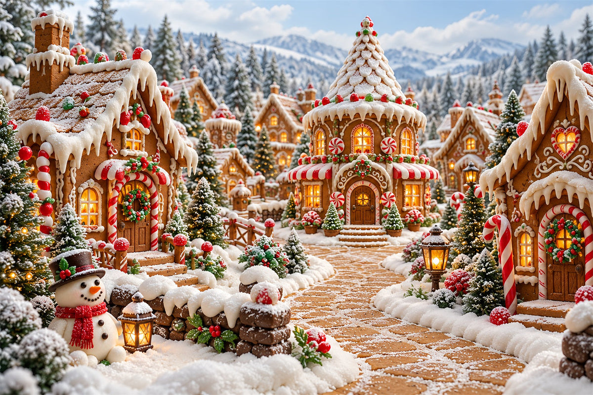 Christmas Gingerbread Backdrop Snowy Candy Cottage Village Christmas Backdrop Picture UK HQ610-185
