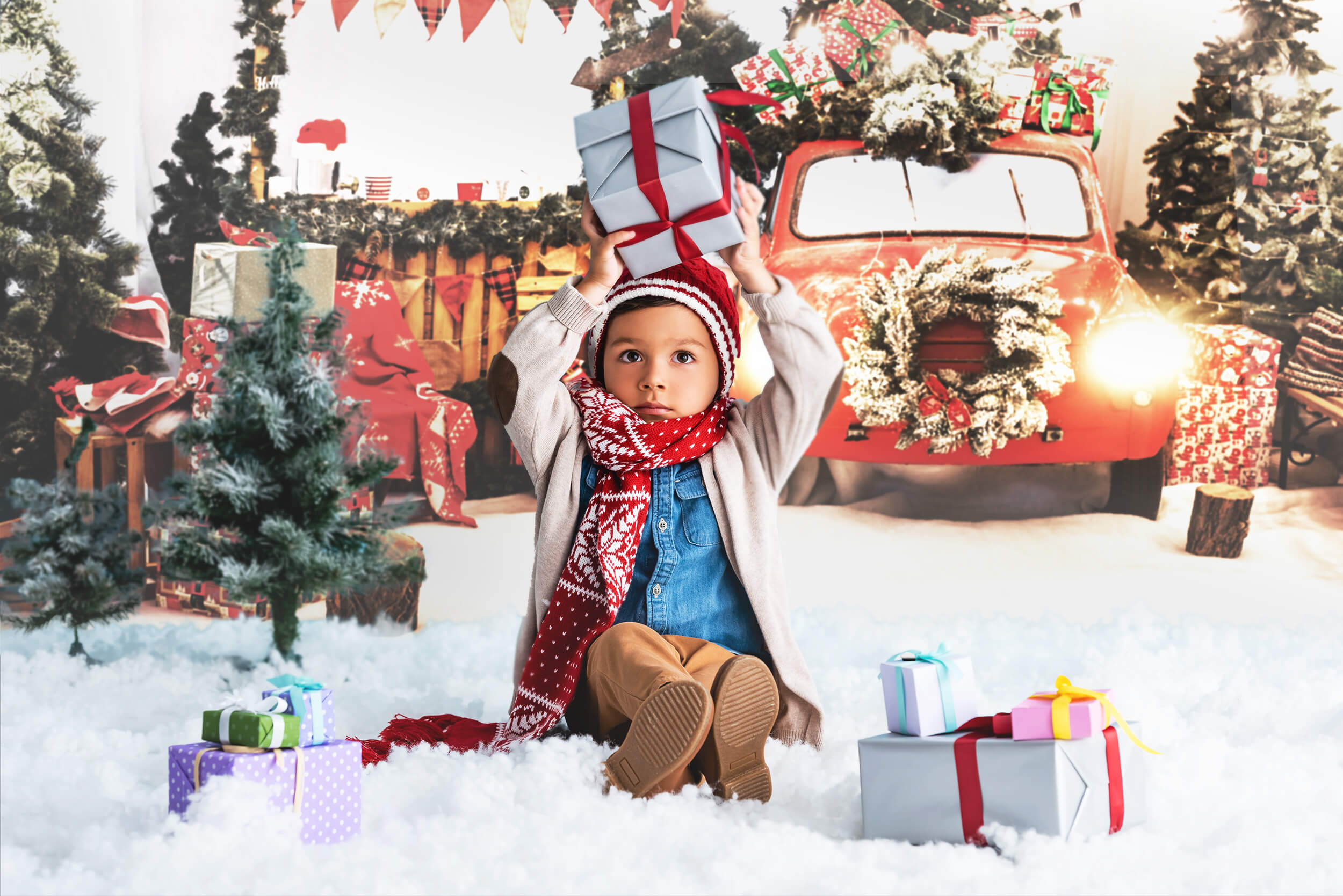 Red Car Christmas Decor New Year Lights Photo Backdrop uk KAT-181