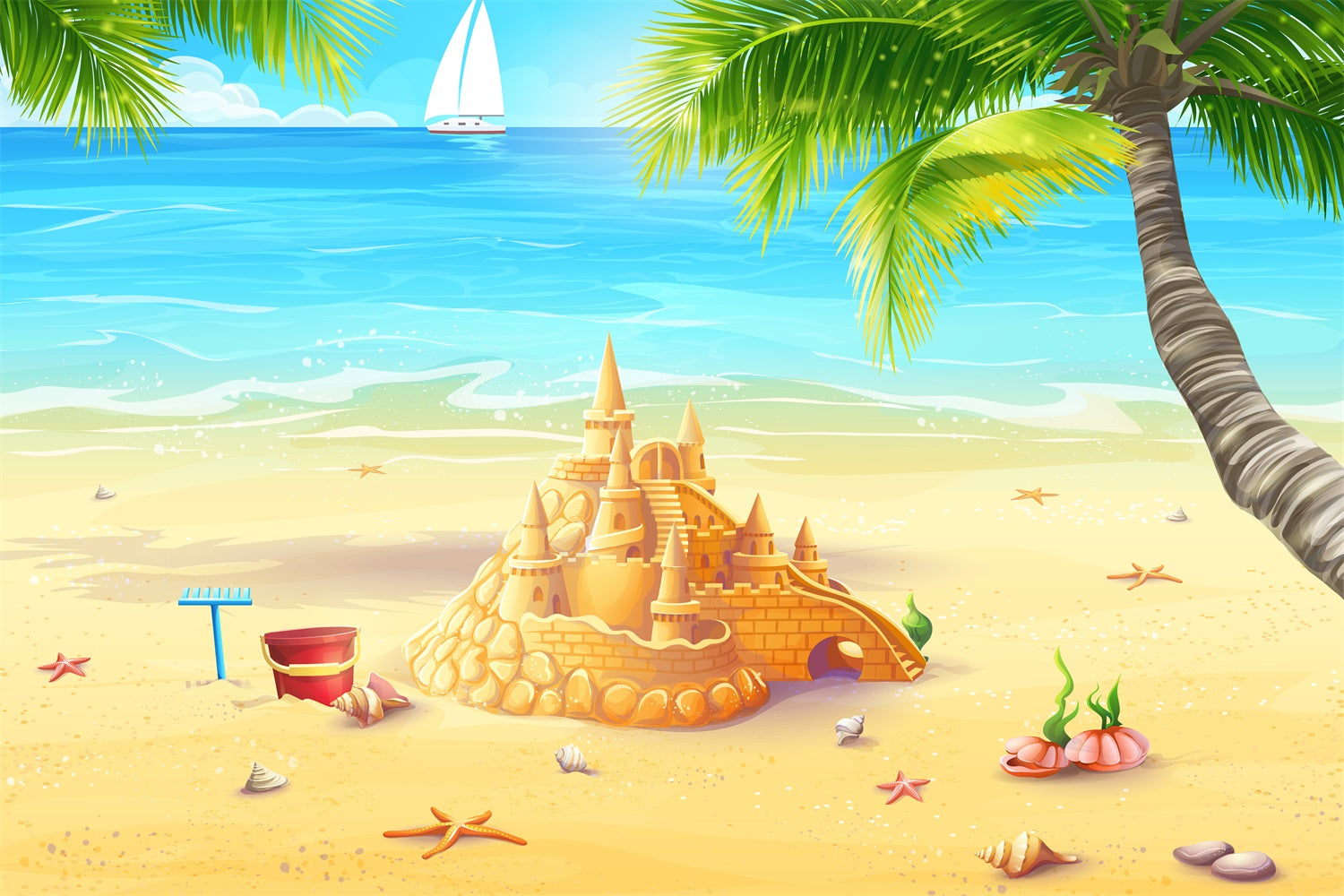 Ocean Sky Backdrop Golden Sandcastle Sunny Ocean Backdrop UK LXX1-309