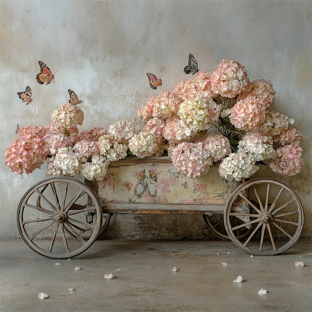 Spring Photo Backdrops Pink Hydrangea Butterfly Cart Backdrop UK LXX1-5