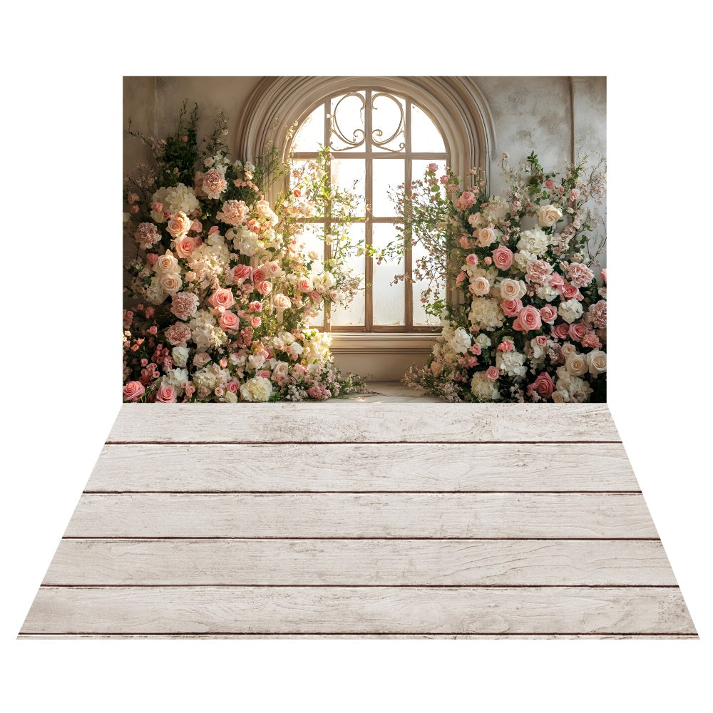 Vintage Floral Window Backdrop+Whitewashed Wooden Floor Backdrop UK LXX2-178