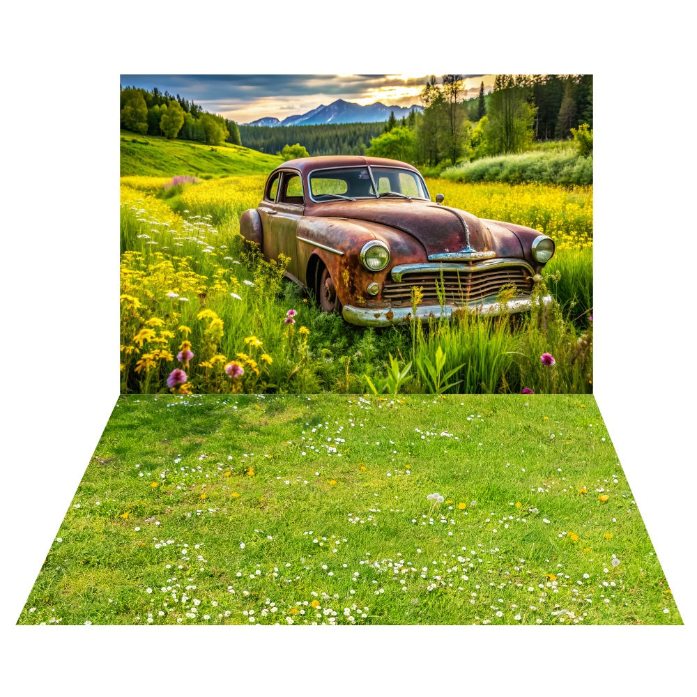 Rustic Truck Meadow Backdrop+Wildflower Grass Floor Backdrop UK LXX2-183