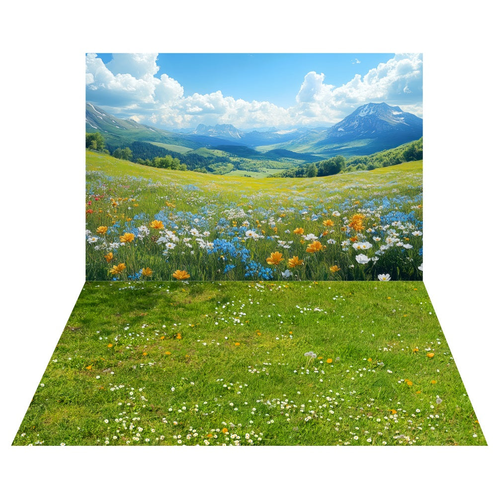 Spring Floral Hillside Backdrop+Wildflower Grass Floor Backdrop UK LXX2-184