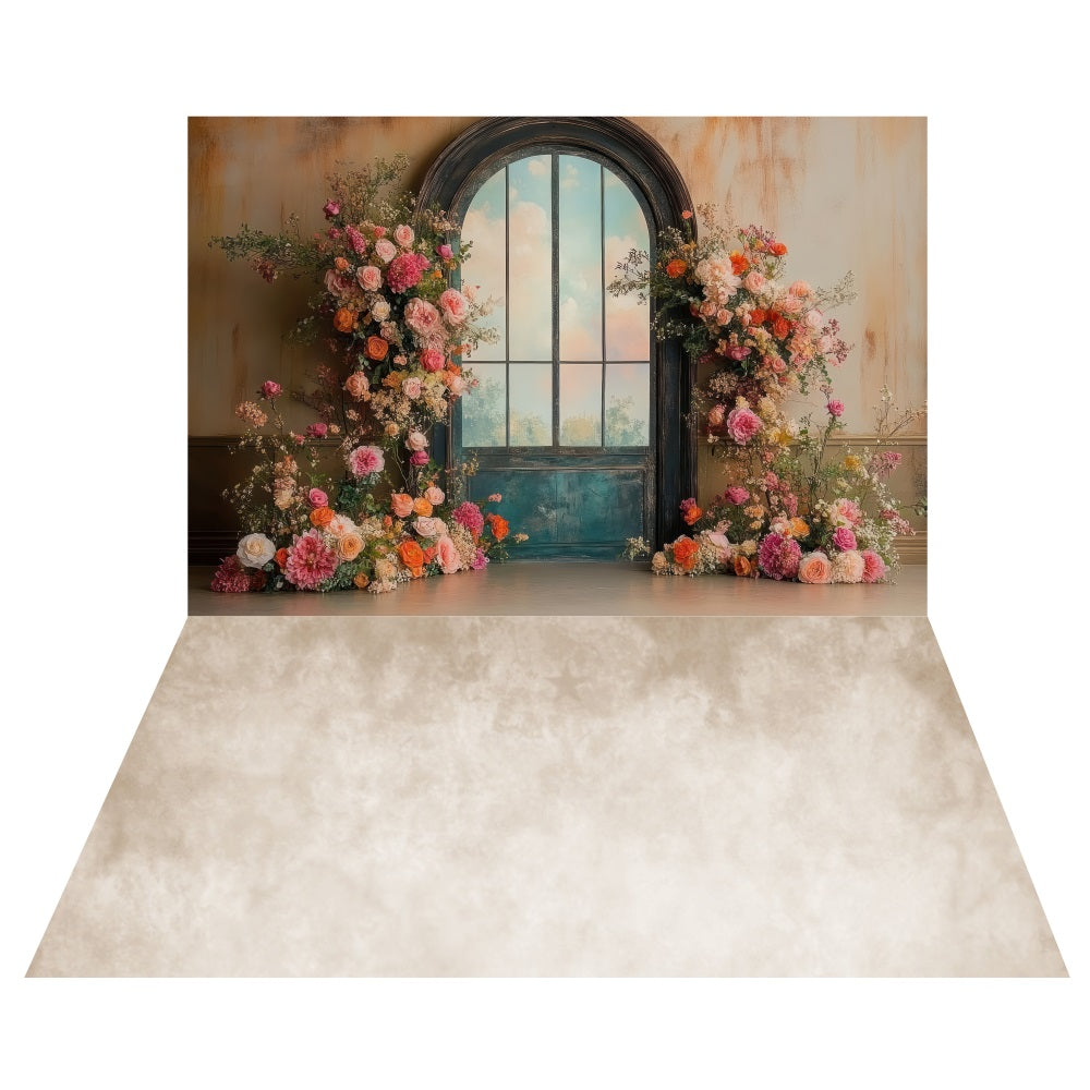 Vintage Blue Window Floral Backdrop+Textured Beige Floor Backdrop UK LXX2-189