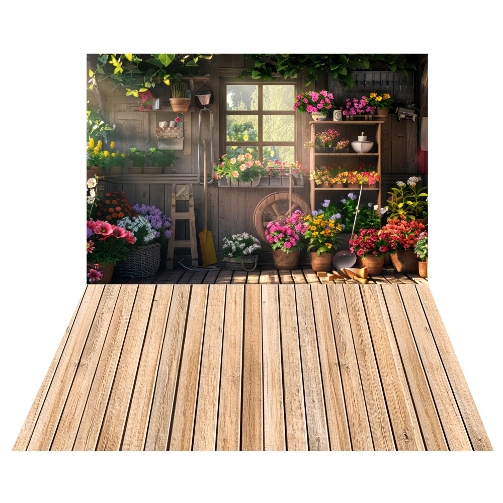 Rustic Flower Shed Backdrop+Weathered Wooden Floor Backdrop UK LXX2-191