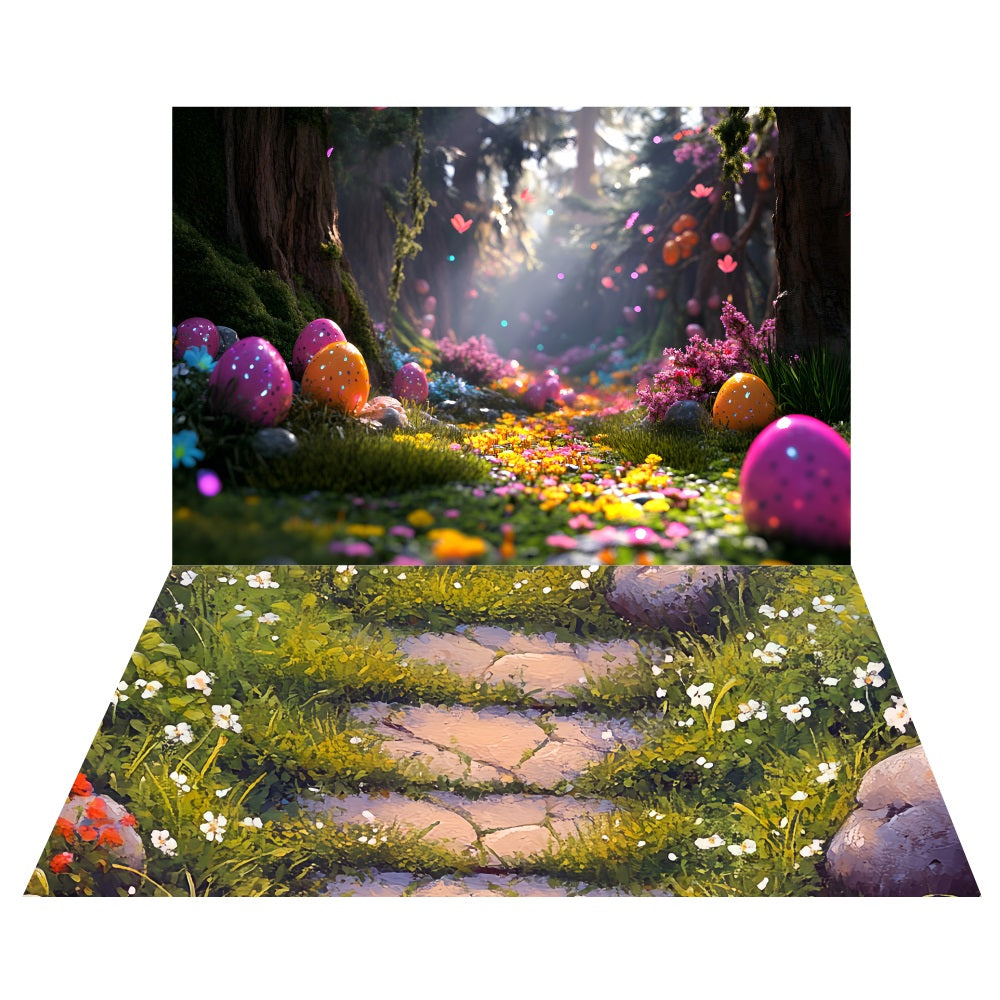 Easter Egg Twilight Forest Backdrop+Vintage Stone Trail Floor Backdrop UK LXX2-198