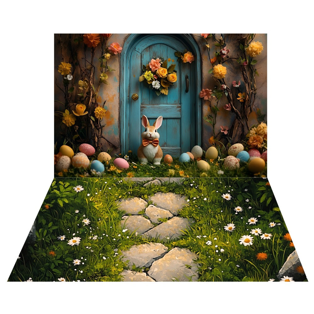 Rustic Blue Door Easter Bunny Backdrop+Mossy Stone Path Floor Backdrop UK LXX2-201