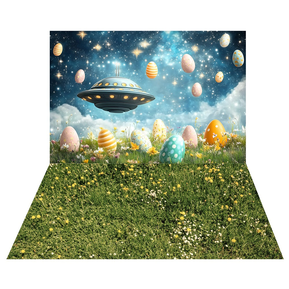 Easter Galaxy UFO Backdrop+Meadow Grass Floor Backdrop UK LXX2-207