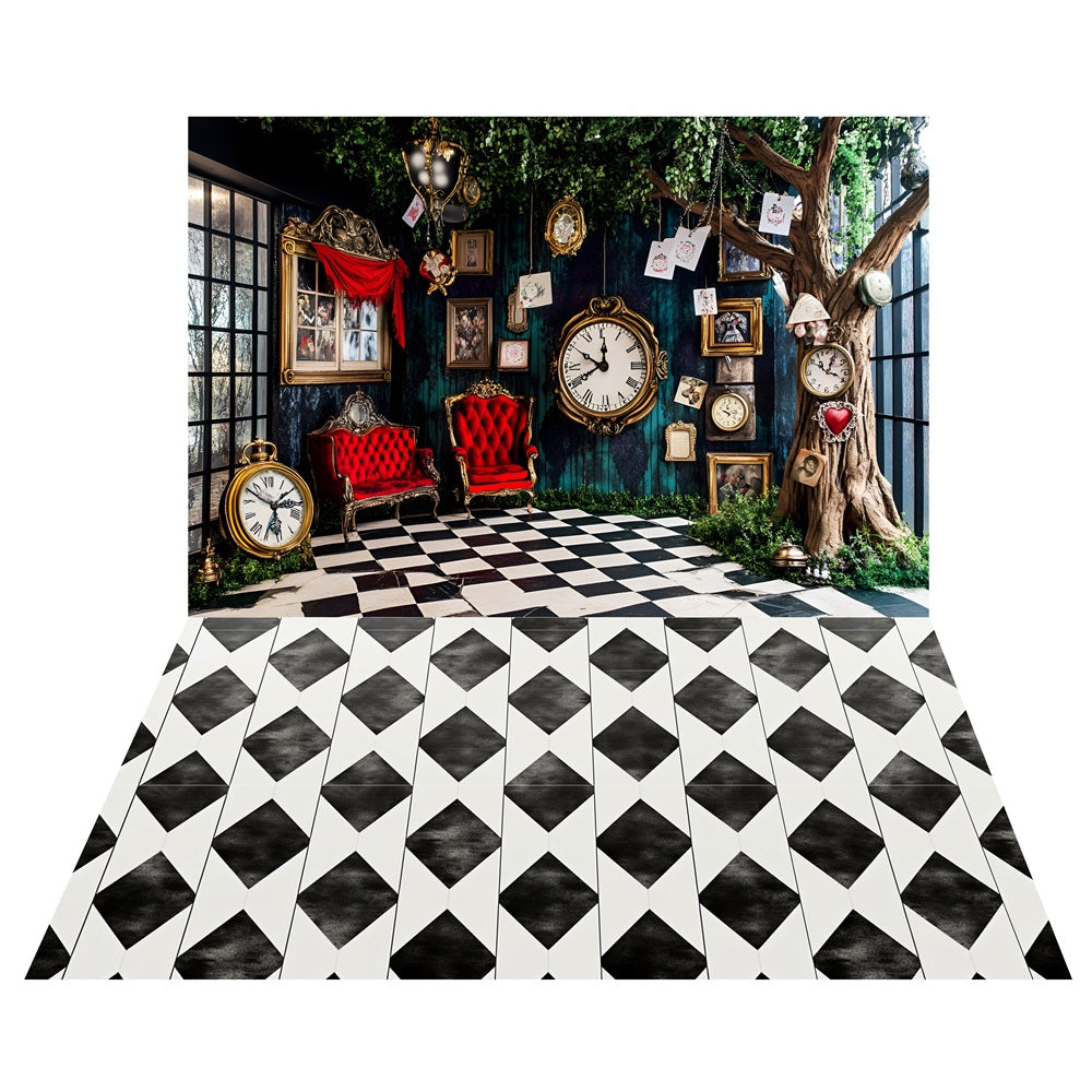Fantasy Clock Room Backdrop+Black White Tile Floor Backdrop UK LXX2-209