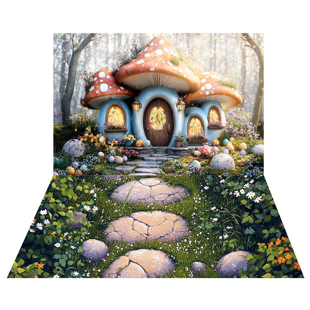 Woodland Mushroom House Backdrop+Garden Stone Pathway Floor Backdrop UK LXX2-211