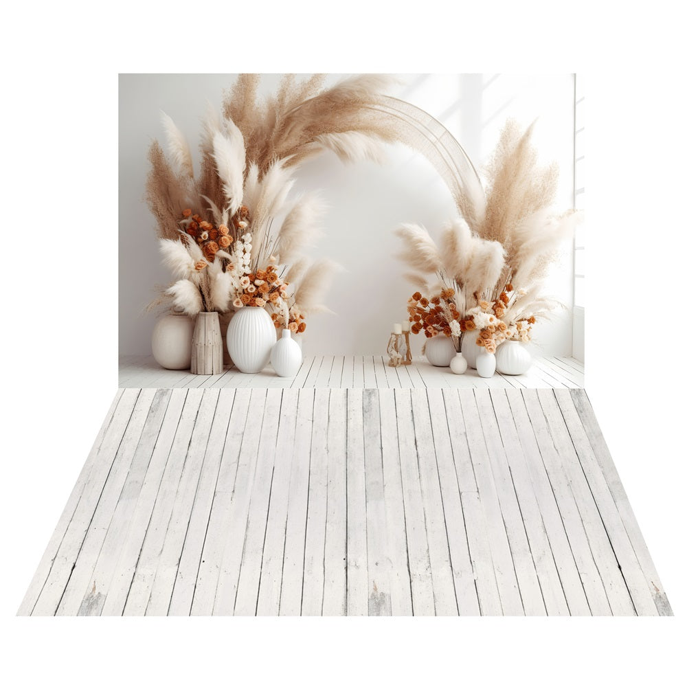 Boho Pampas Floral Arch Backdrop+Whitewashed Wood Floor Backdrop UK LXX2-212