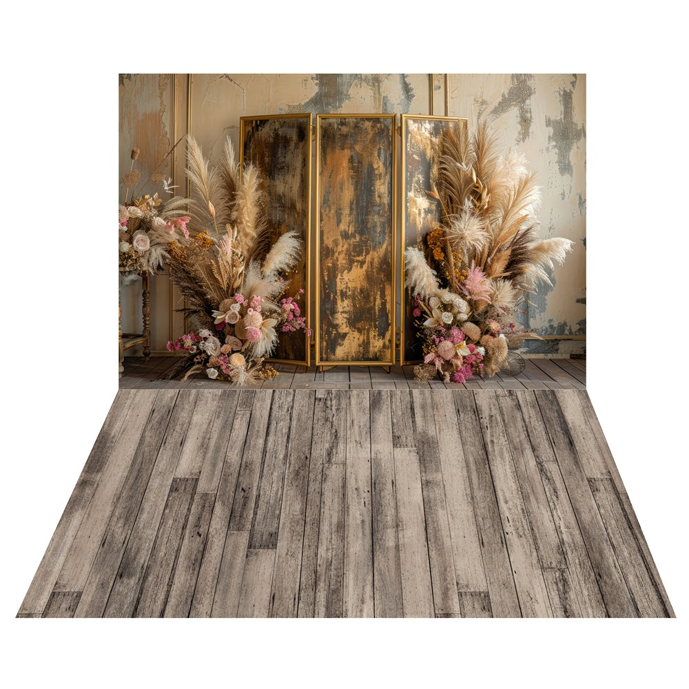 Bohemian Dried Flower Screen Backdrop+Weathered Wood Floor Backdrop UK LXX2-213