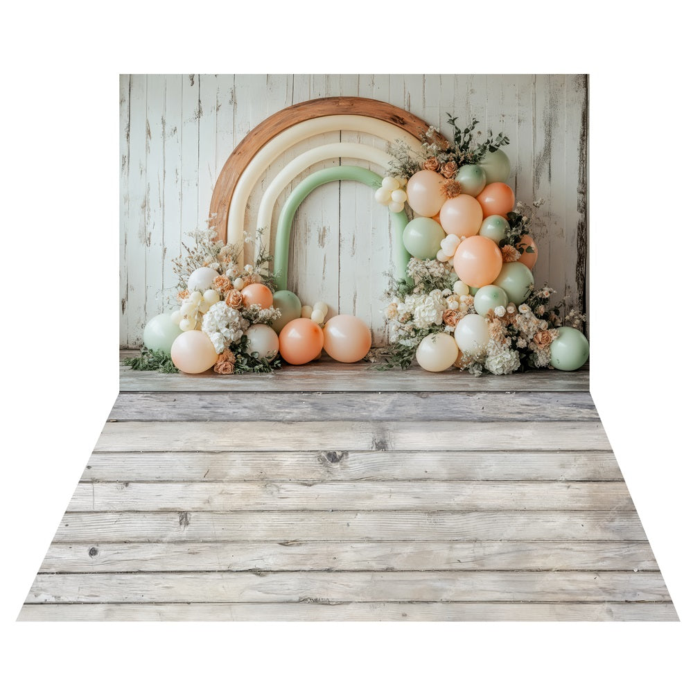 Boho Rainbow Balloons Backdrop+Distressed White Wood Floor Backdrop UK LXX2-214