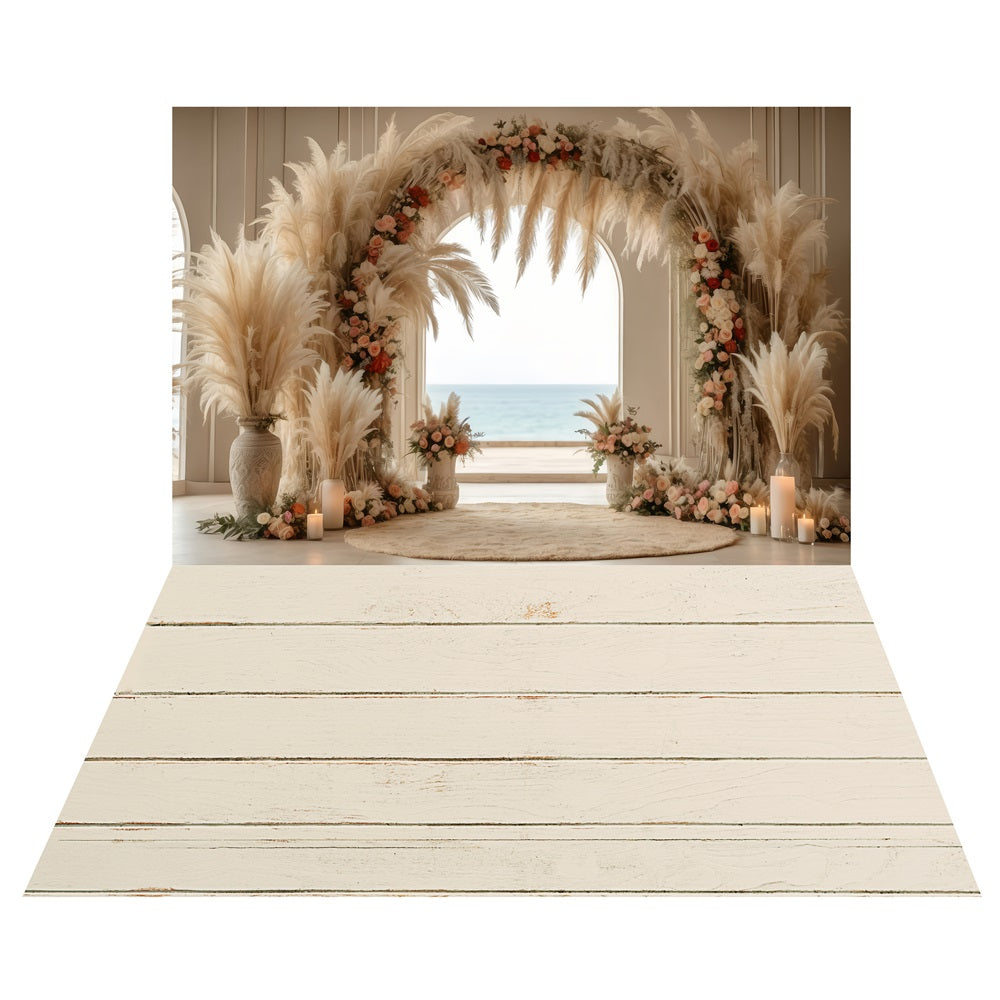 Pampas Arch Ocean Wedding Backdrop+Distressed White Floor Backdrop UK LXX2-224