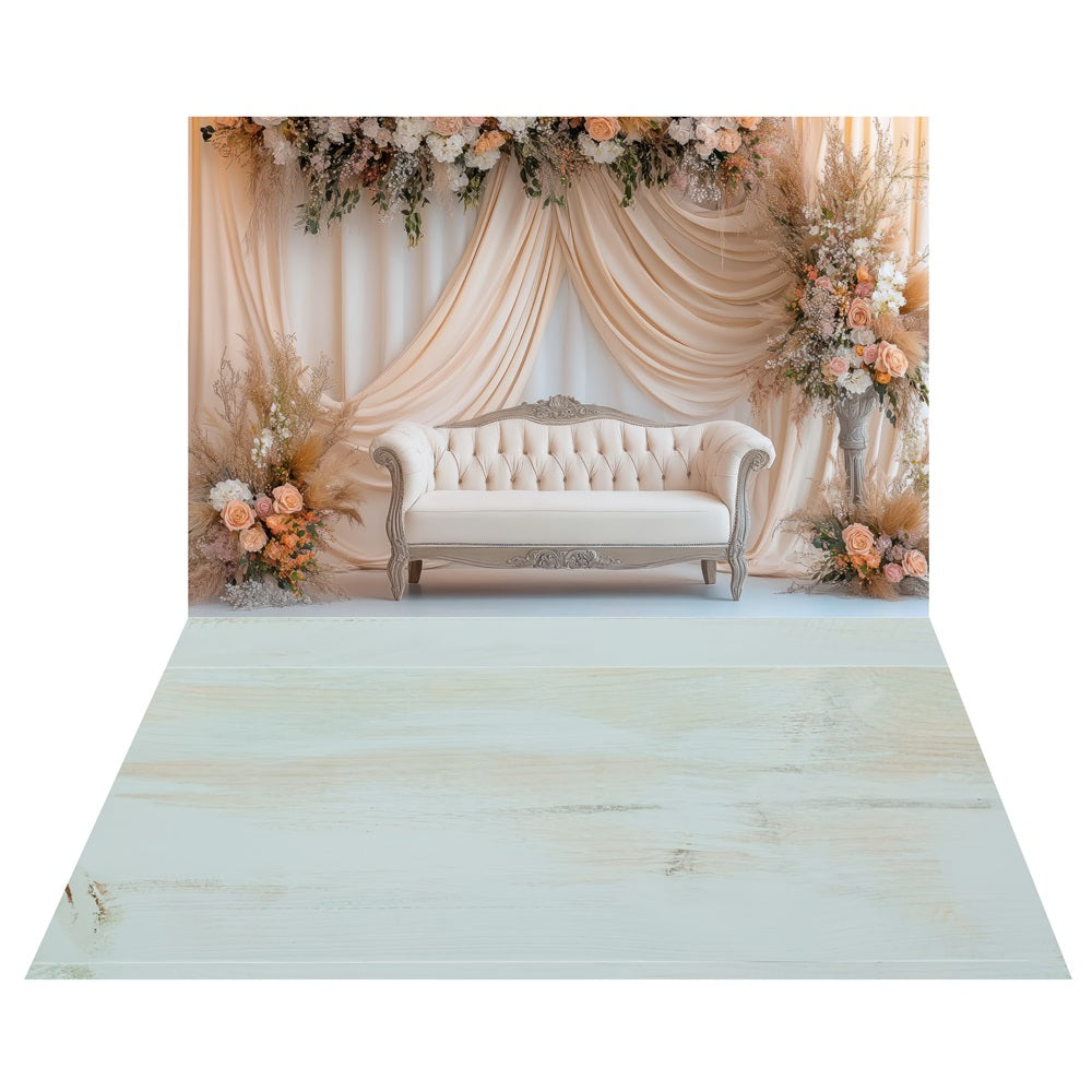 Floral Drapes Sofa Backdrop+Rustic Weathered Blue Floor Backdrop UK LXX2-226