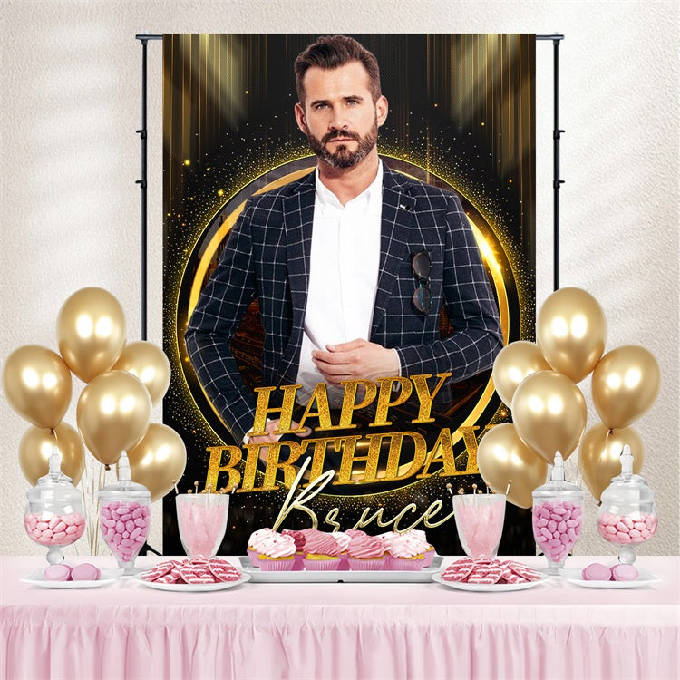 Personalized Birthday Photo Backdrop Elegant Black Gold Backdrop UK LXX3-111