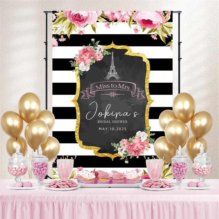 Customized Bridal Shower Backdrop Striped Floral Gold Frame Backdrop UK LXX3-122