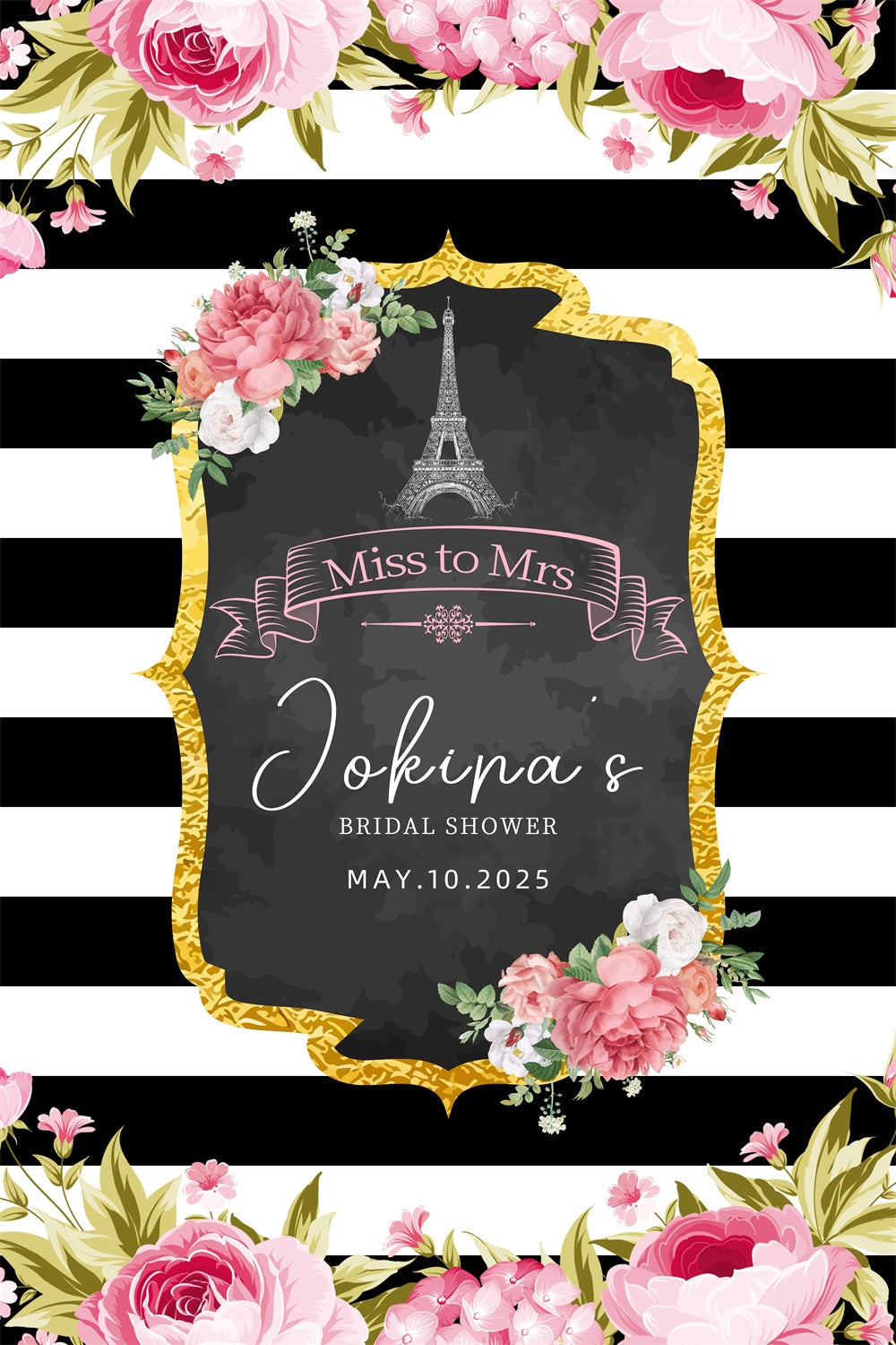 Customized Bridal Shower Backdrop Striped Floral Gold Frame Backdrop UK LXX3-122