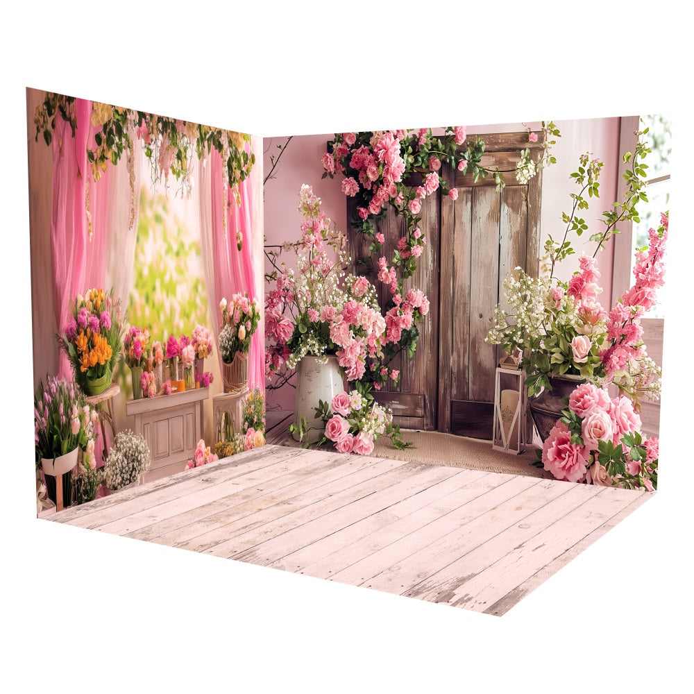 Pink Floral Wooden Door Backdrop Room Set UK LXX3-13