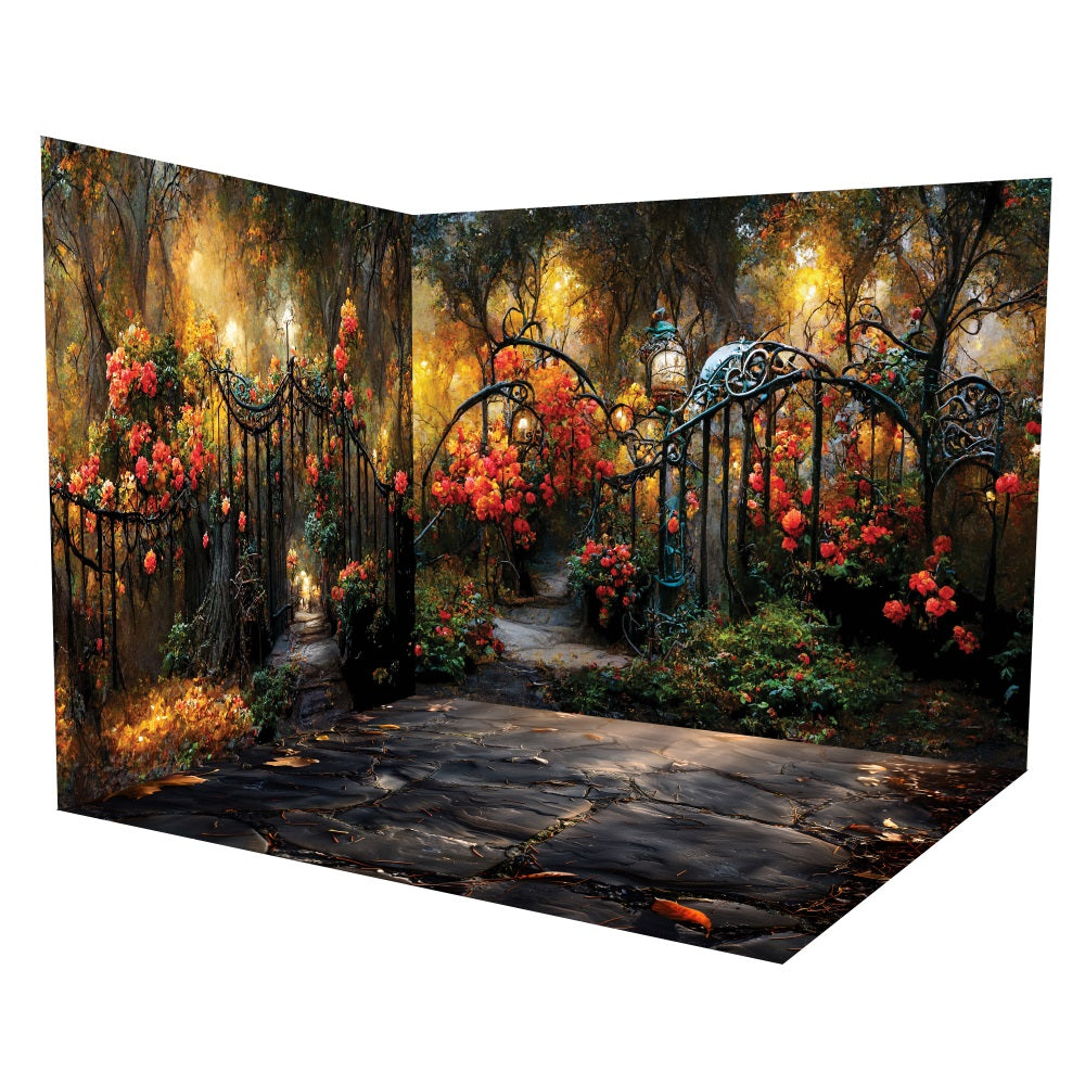 Floral Golden Forest Garden Iron Gate Backdrop Room Set UK LXX3-2