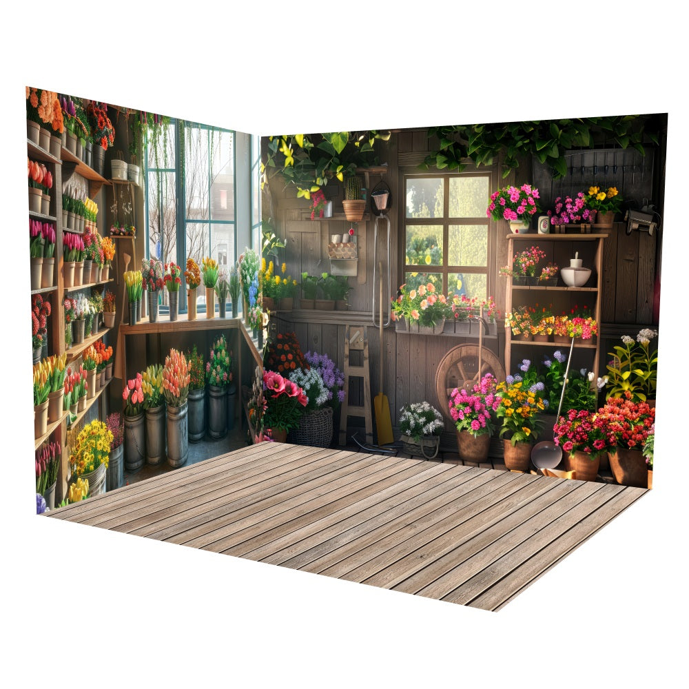 Spring Rustic Flower Shop Wooden Backdrop Room Set UK LXX3-6