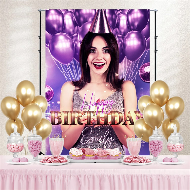 Custom Happy Birthday Backdrop Purple Glitter Balloons Backdrop UK LXX4-1