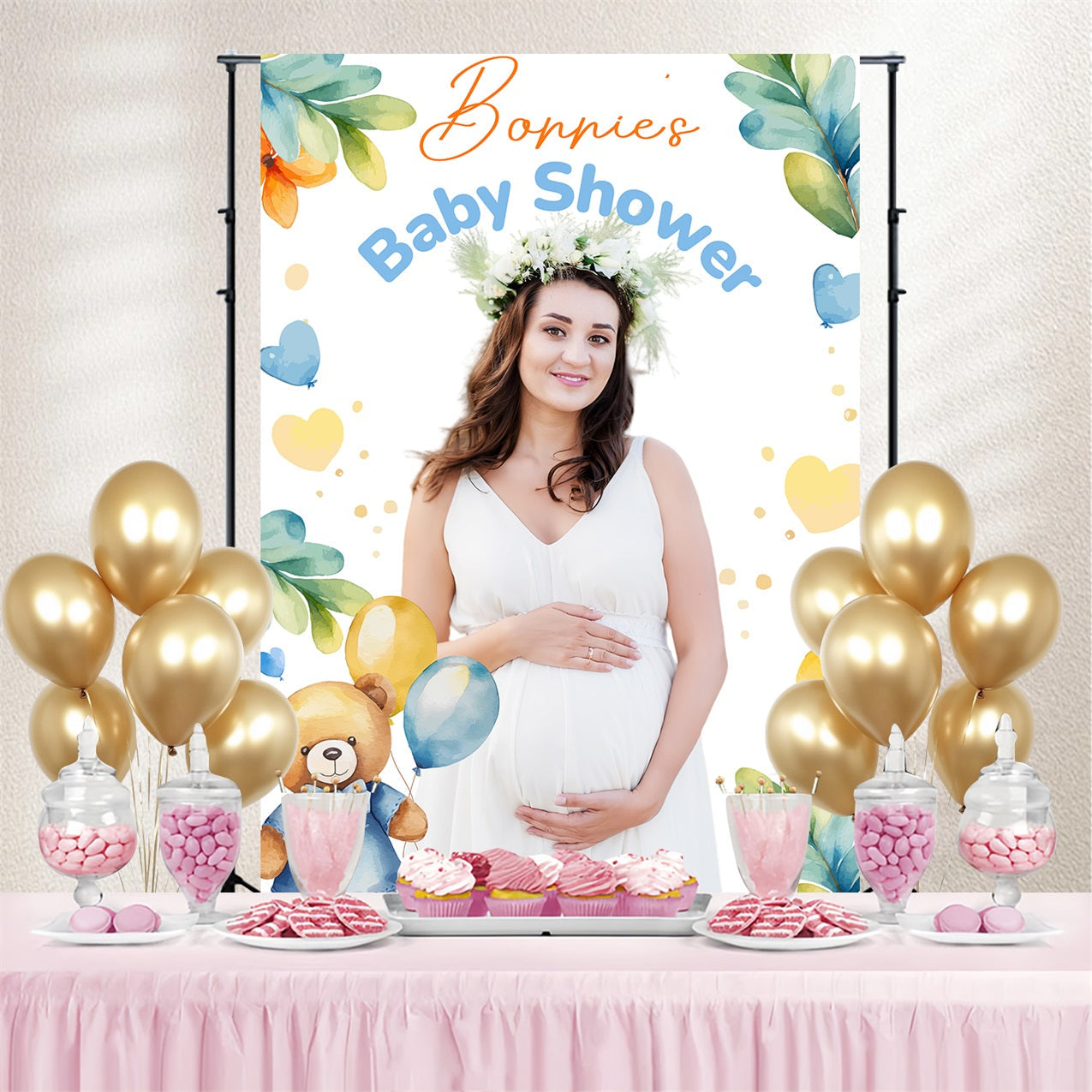 Baby Shower Photo Backdrop Teddy Bear Balloons Personalised Backdrop UK LXX4-184