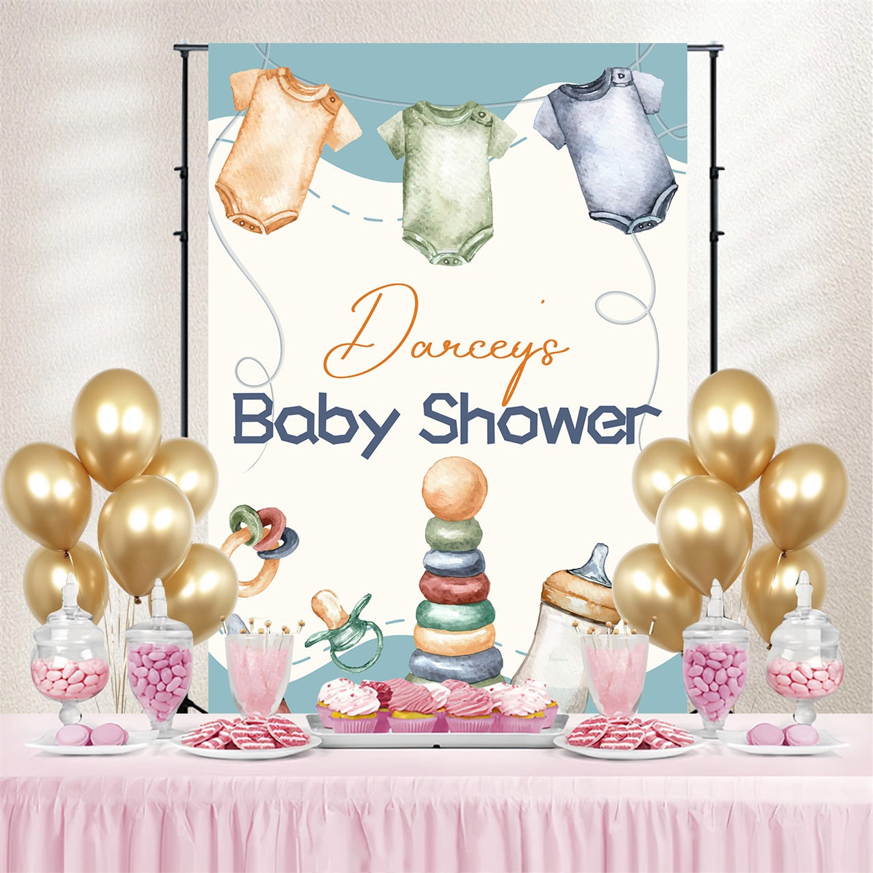 Baby Shower Backdrop Boy Onesie Toys Decor Personalized Backdrop UK LXX4-186