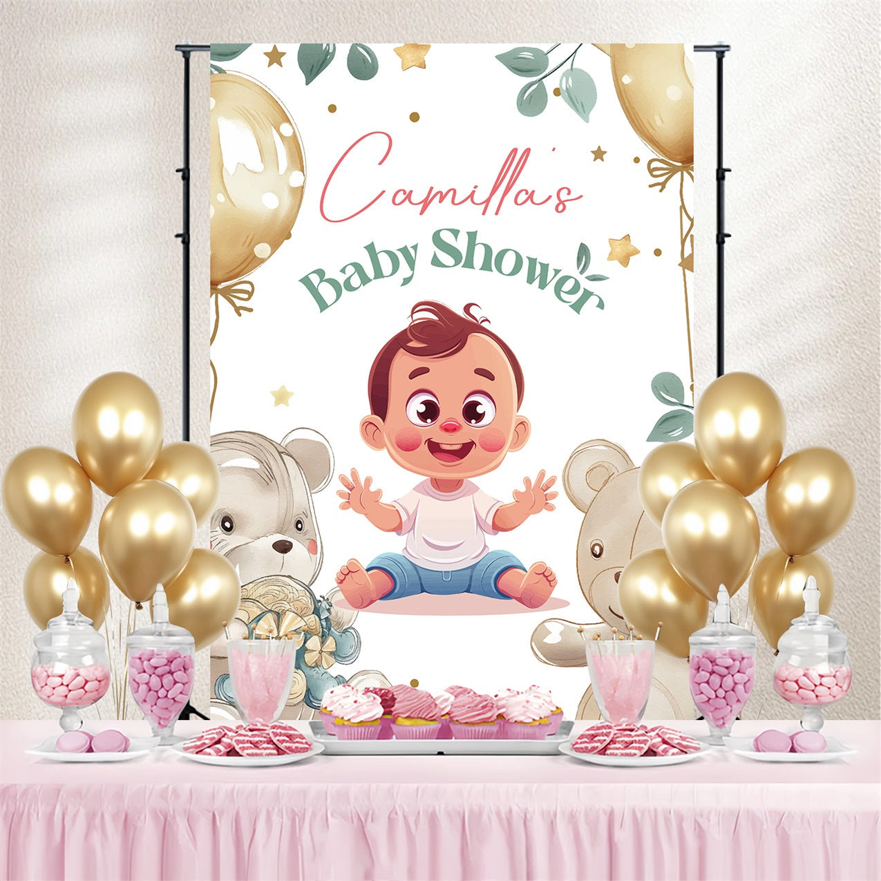 Boy Baby Shower Backdrop Balloon Teddy Bear Personalised Backdrop UK LXX4-188